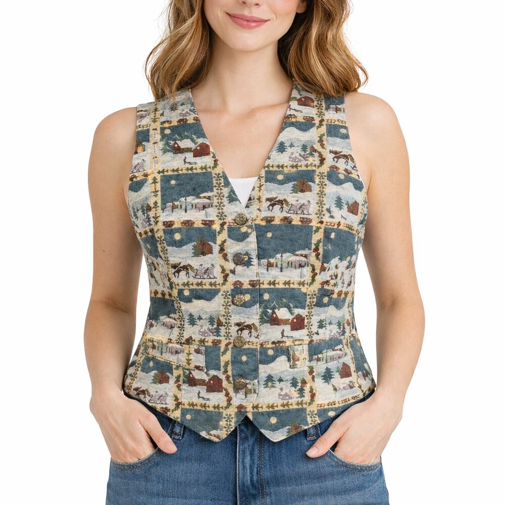 Vintage Womens Vest Winter Christmas Tapestry Sleigh Cabins Petite Small Grandma